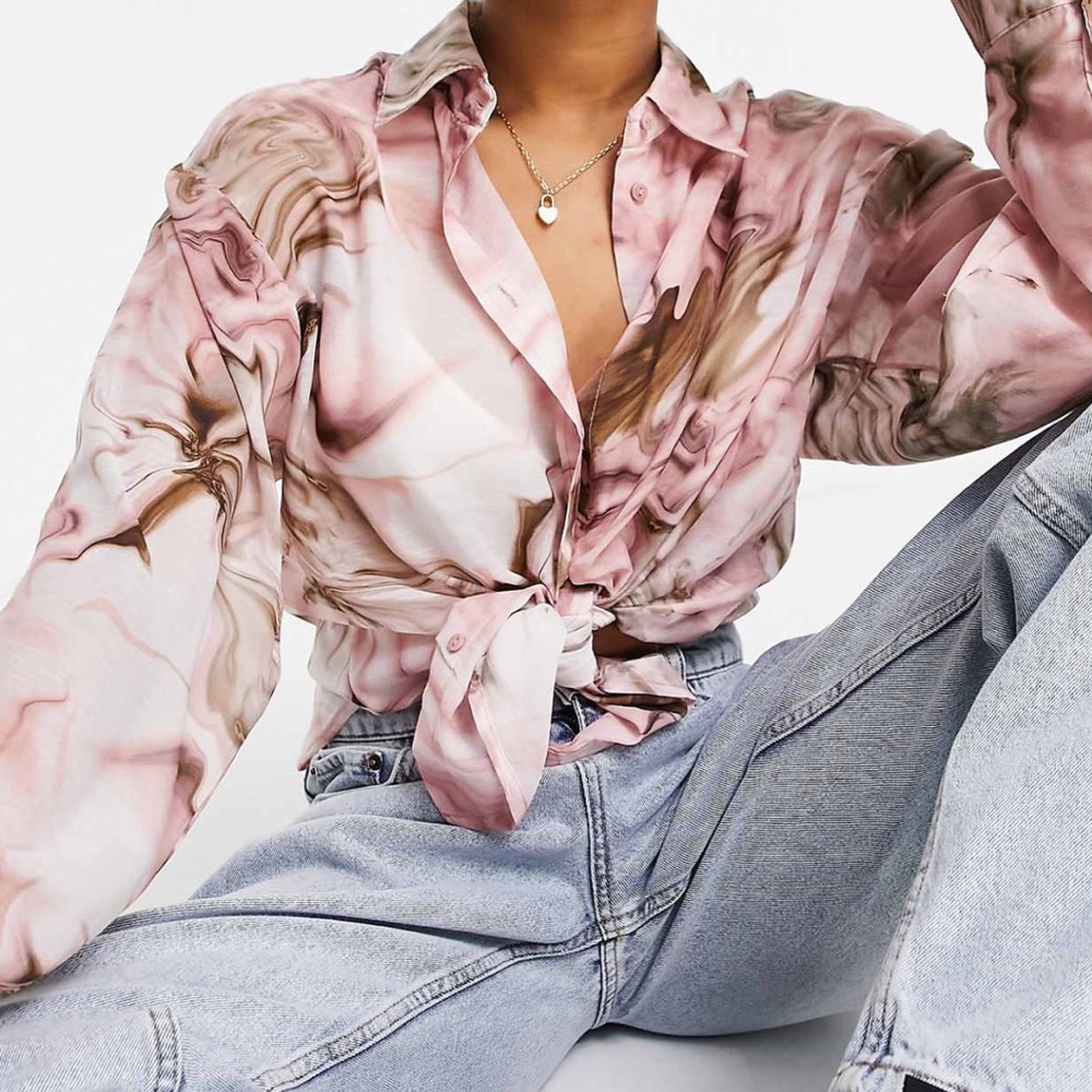 ASOS Pink and White Relaxed Tie Front Button Down Shirt